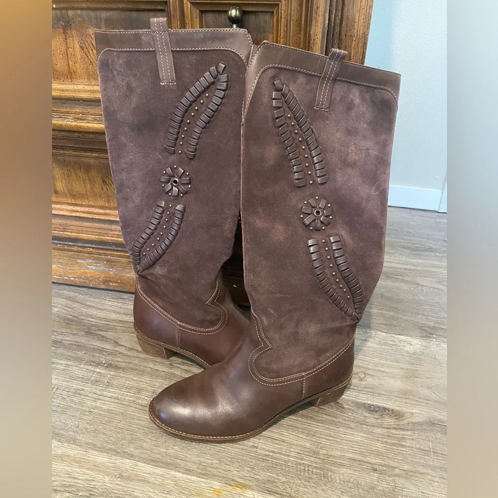 Brioso Sedona Leather Brown Knee-High Boots with Embellishments - Picture 1 of 11